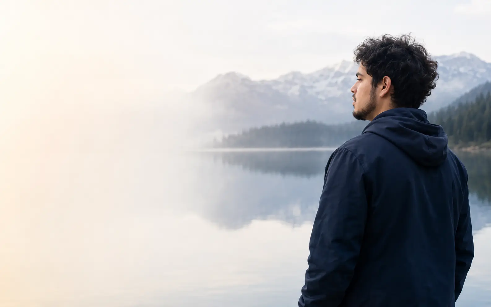 Juan Lopez standing beside a quiet, misty mountain lake