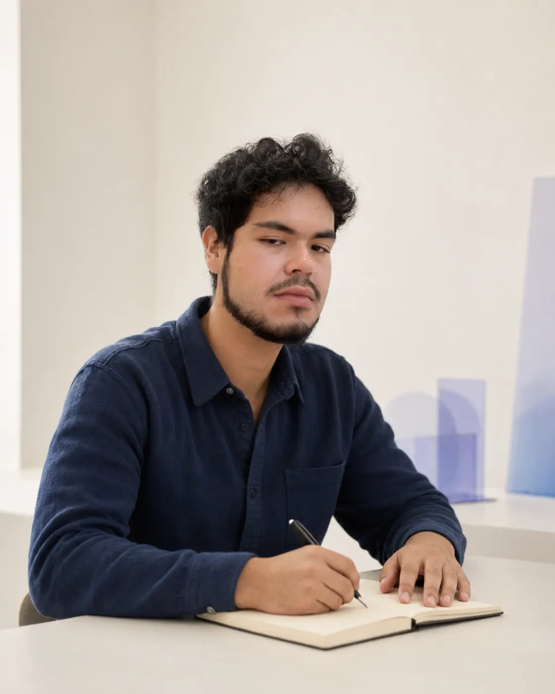 Juan Lopez writing in an open notebook at a light desk