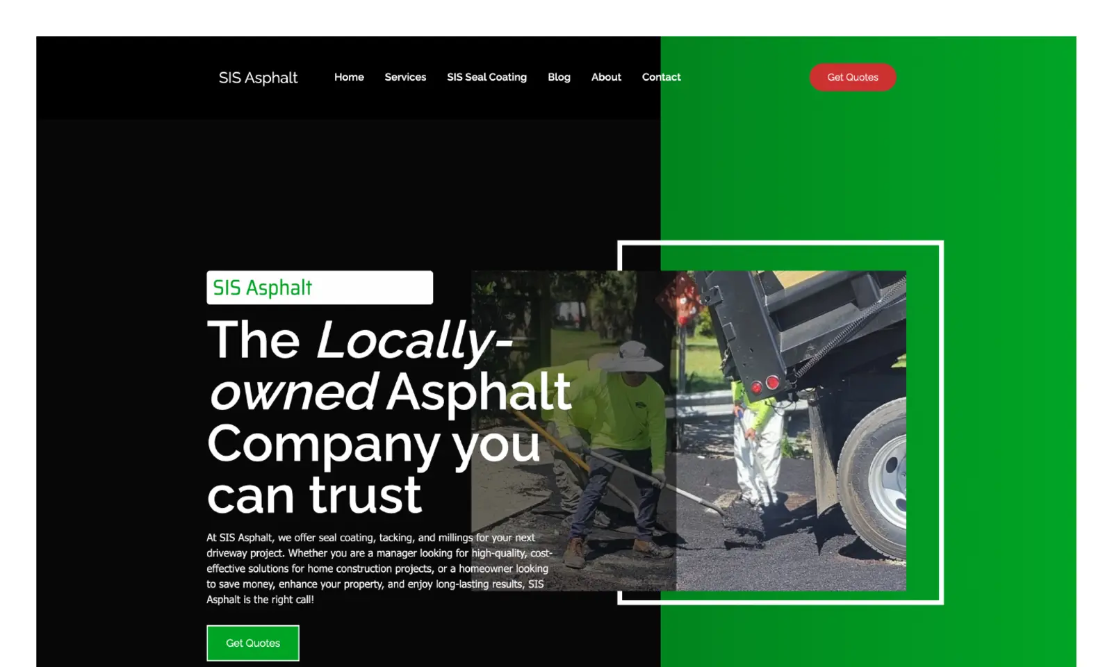 SIS Asphalt homepage with a newly paved roadway and service navigation