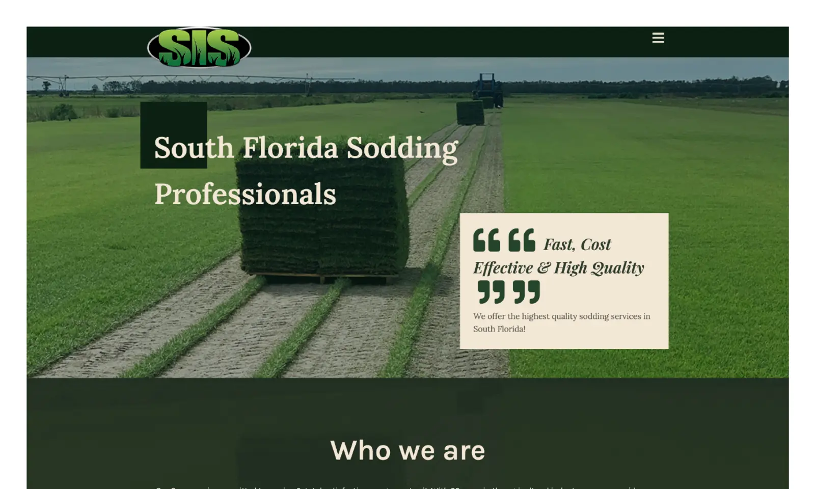 SIS Florida homepage showing installed green turf and sod service information