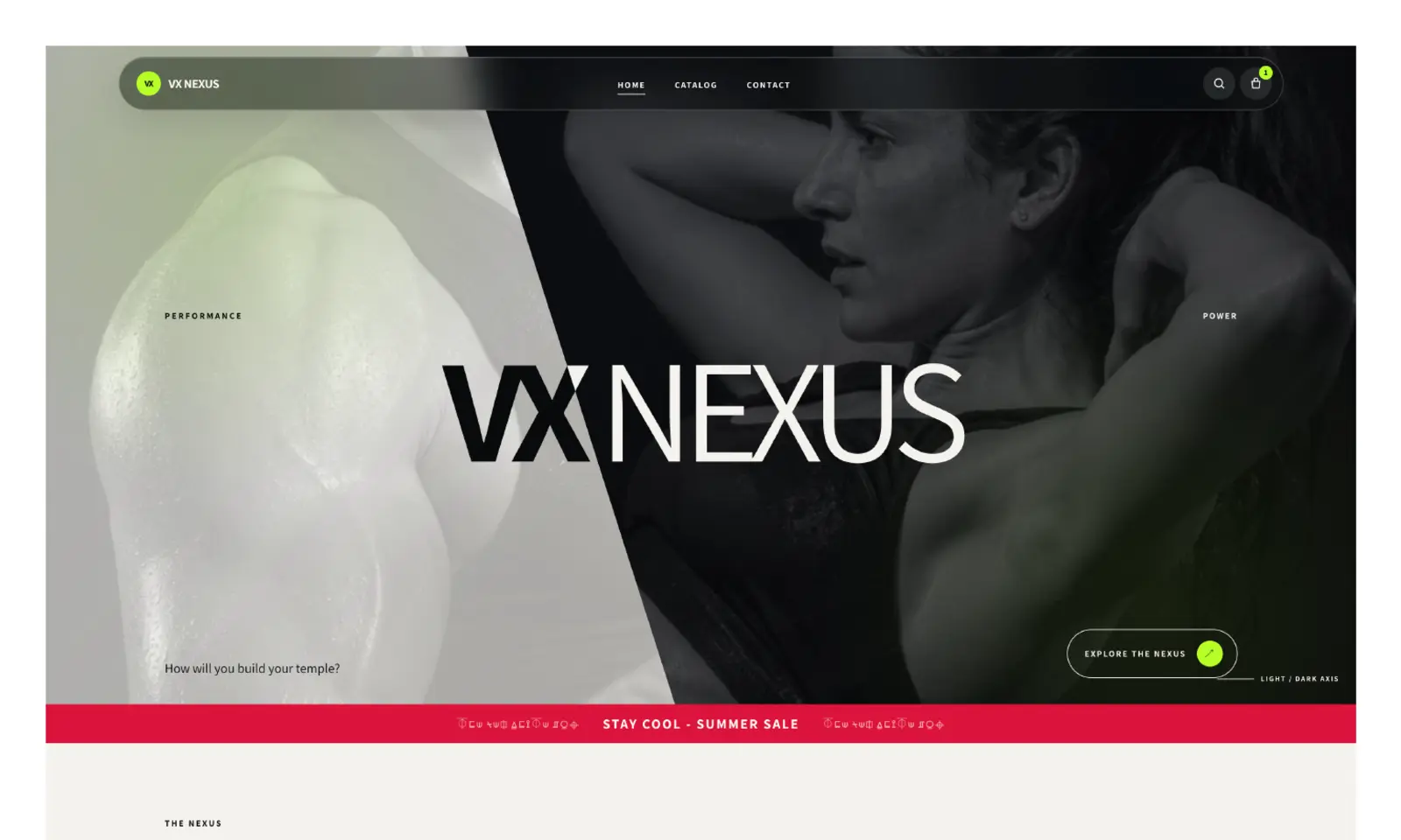 VX Nexus editorial commerce homepage in black and warm white with a green accent