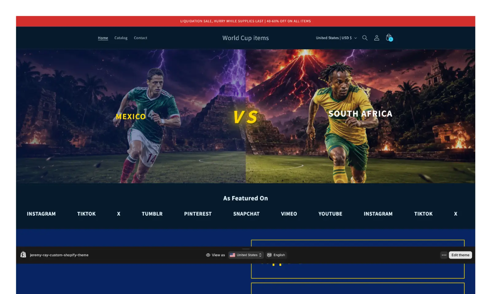 World Cup Items storefront with international fan merchandise and country-based shopping